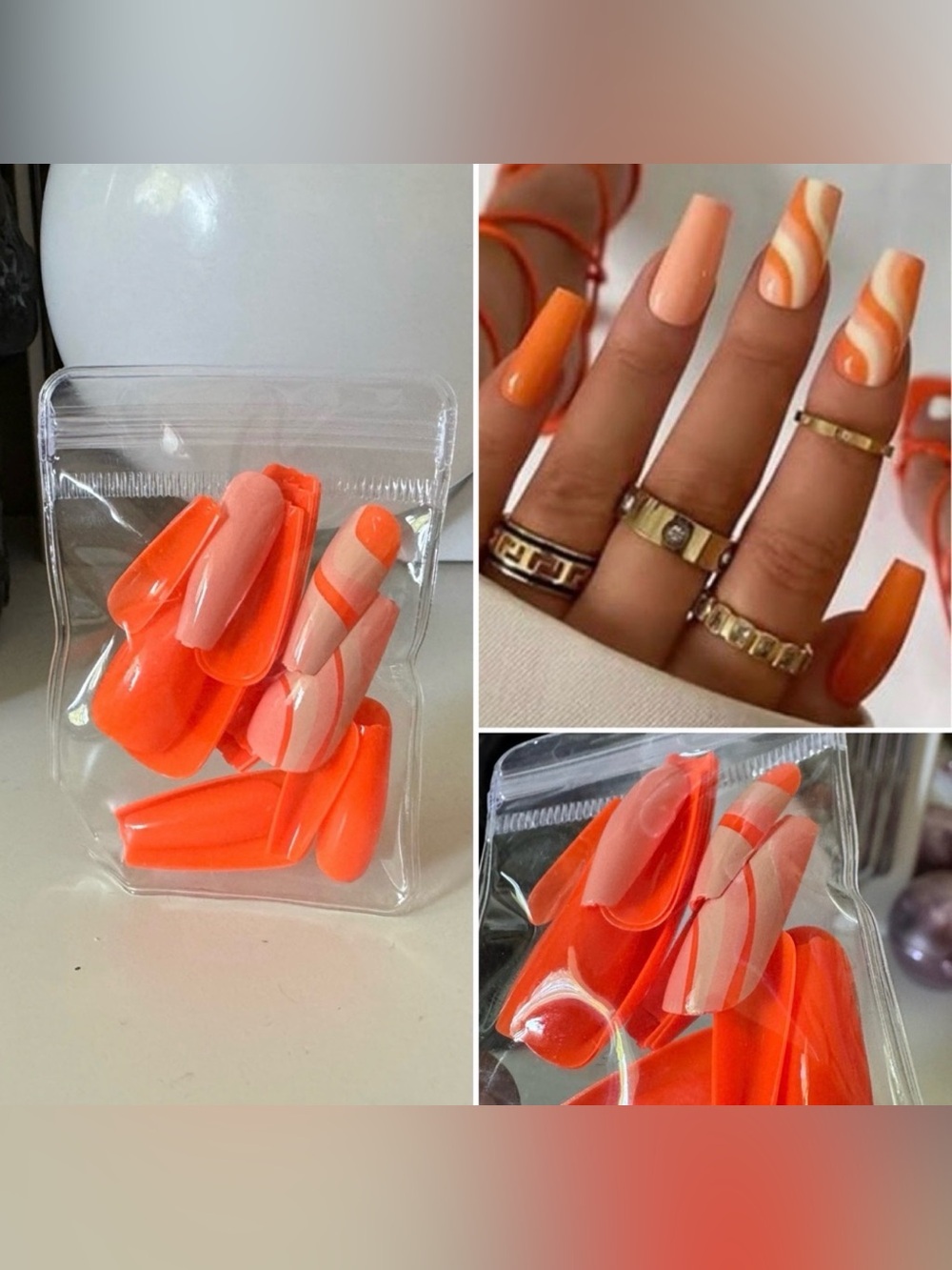 3/$15 Coffin Fake Nails Neon Orange Long Coffin